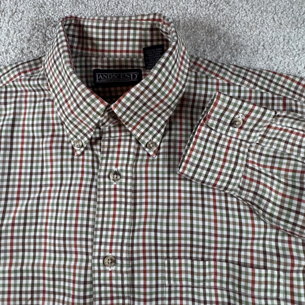 Lands End Men 15-33 Button Down Shirt Cotton Tattersall Check Brown Green Medium